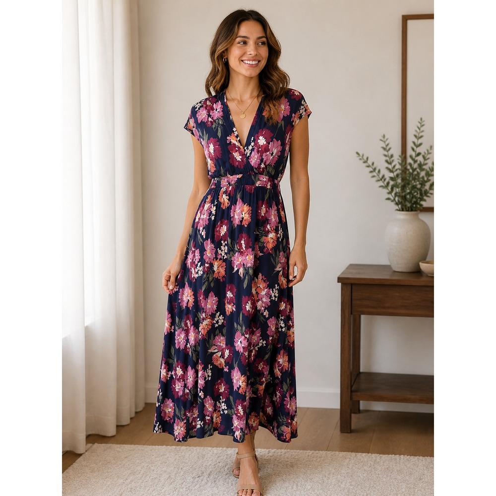 Isabel Maternity Floral Maxi Dress Navy Blue Pink V-Neck Cap Sleeve Size Large